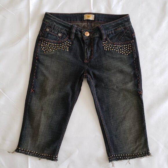 Y2K Antik Denim Grunge Embroidered Studded Capri Jeans SZ 27 - Picture 6 of 10